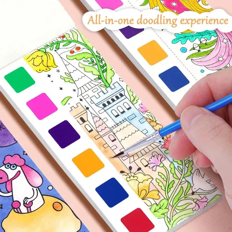 Portable Watercolor Book Set - 12 Sheets Gouache Painting with Brush, Kids Graffiti Drawing Art Stationery