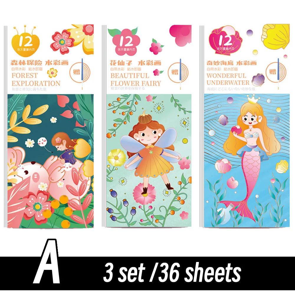 12 Sheets/Set Portable Watercolor Painting Paper Coloring Book With Paint Brush Filling Kids Graffiti Picture Drawing for Kids