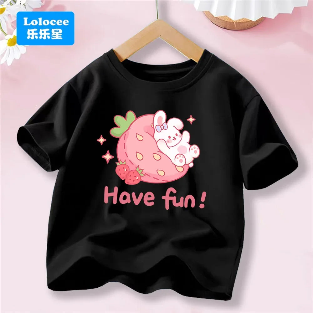 3-14T Kid Clothes Summer Cotton T Shirt Short Sleeve Top Beauty Tulip Flower and Rabbit Print Tee Childrens Candy Color Tshirt
