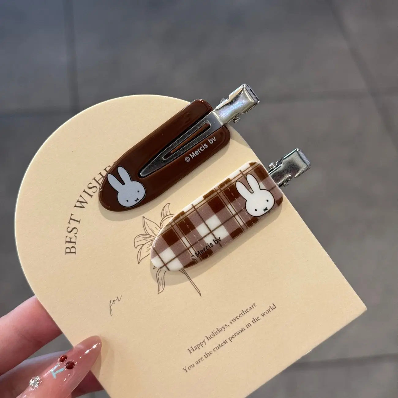 Kawaii Miffy Rabbit Hair Clip Coffee-colored Checkered Miffy Rabbit Traceless Clip Sweet and Retro Girl Cartoon Bangs Clip