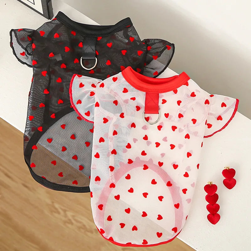 Thin Cooling Dog Vest Heart Flying Sleeves Dog Summer Clothes with D-Ring Chihuahua Bichon Girl Shirt Cat Vests Dog Mesh T Shirt