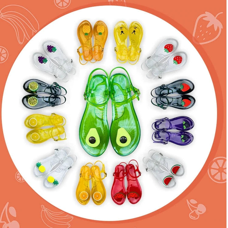 Plus Size 36-42 Ins Hot Sales Women Girls Jelly Sandals Colorfull Transparent PVC Beach Shoes Summer Fruit Flip-flop Shoes