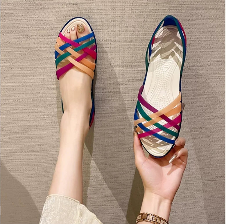 2026 New Women's Sandals Summer Beach Non-slip Flat Heel Soft Sole Crystal Jelly Sandals Fashion Comfortable Shoes for Girl