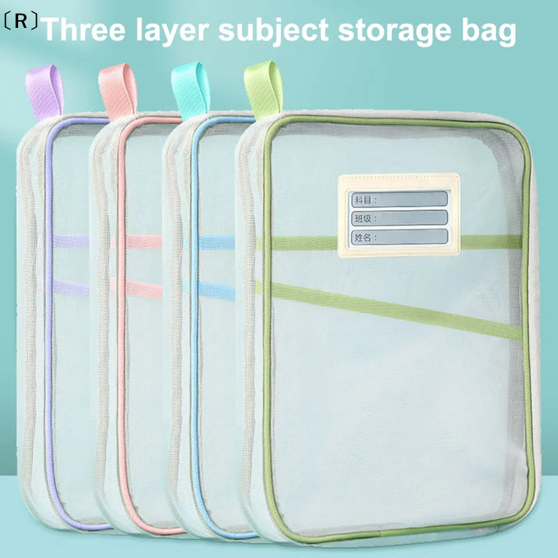 〔R〕A4 Stationery Storage Bag Double-layer Mesh Zipper Bag Large Capacity Organizer Folders School Office Supplies Stationary Bag