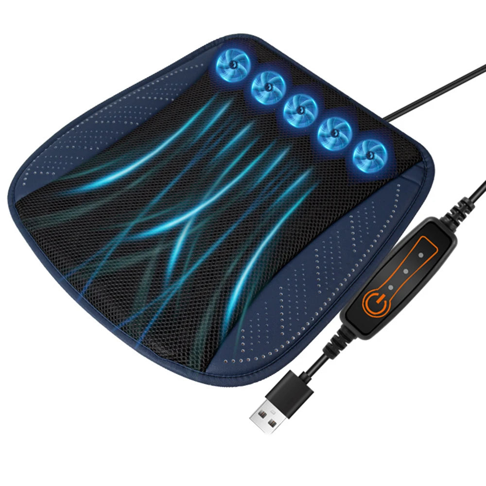 Ventilated Seat Cushion with USB Port, Summer Breathable Cooling Pad for All Car Seats, Home and Office Chairs, Navy Blue