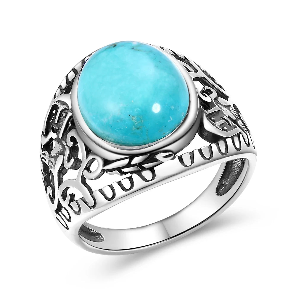 S925 Silver Oval Natural Turquoise Rings for Men Women Silver Fine Jewelry