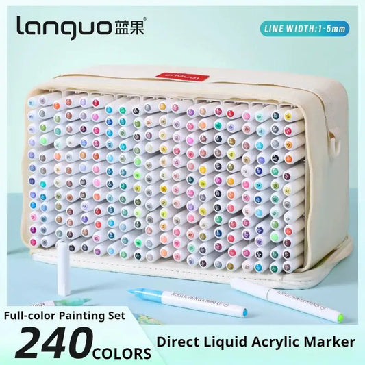 LANGUO 240 Colors Direct Liquid Acrylic Marker Pens Set with Replacement Tips Student DIY Graffiti Brush Drawing Painting Pens