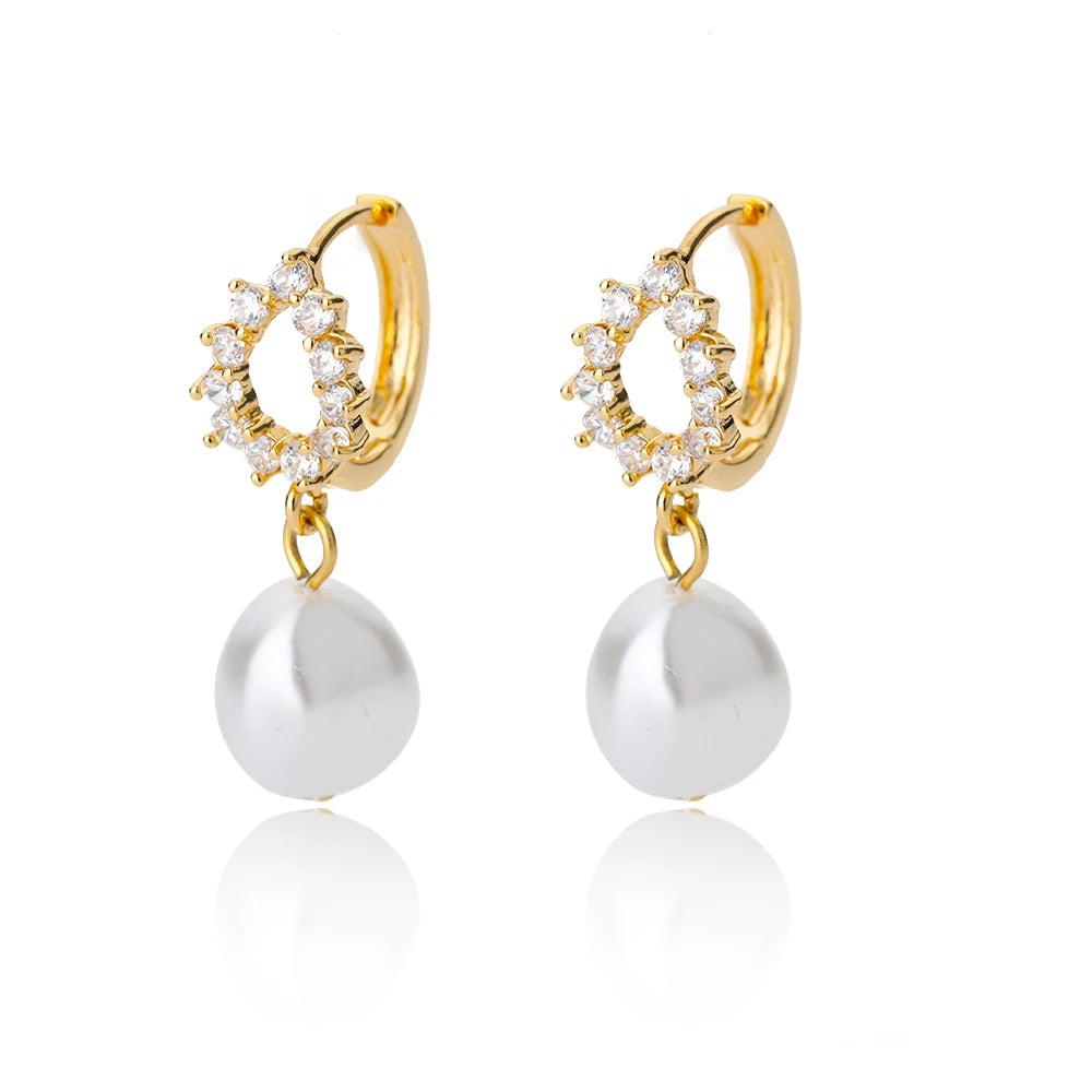 Zircon Natural Pearl Earrings For Women Gold Plated Stainless Steel Geometric Hoop Pearl Earring Wedding Bridesmaid Jewelry Gift