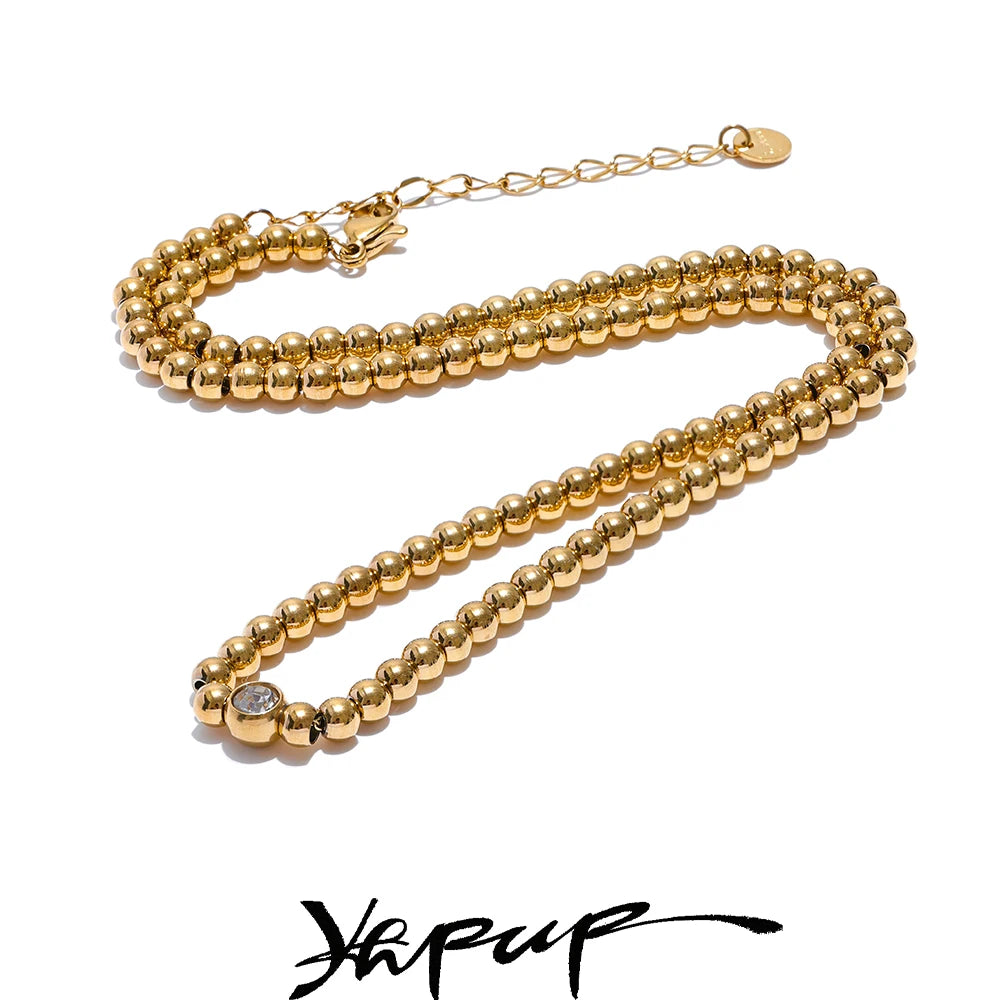 Yhpup High Quality 18K PVD Plated Round Beads Chain Handmade Necklace Water Resistant Stainless Steel Statement Jewelry