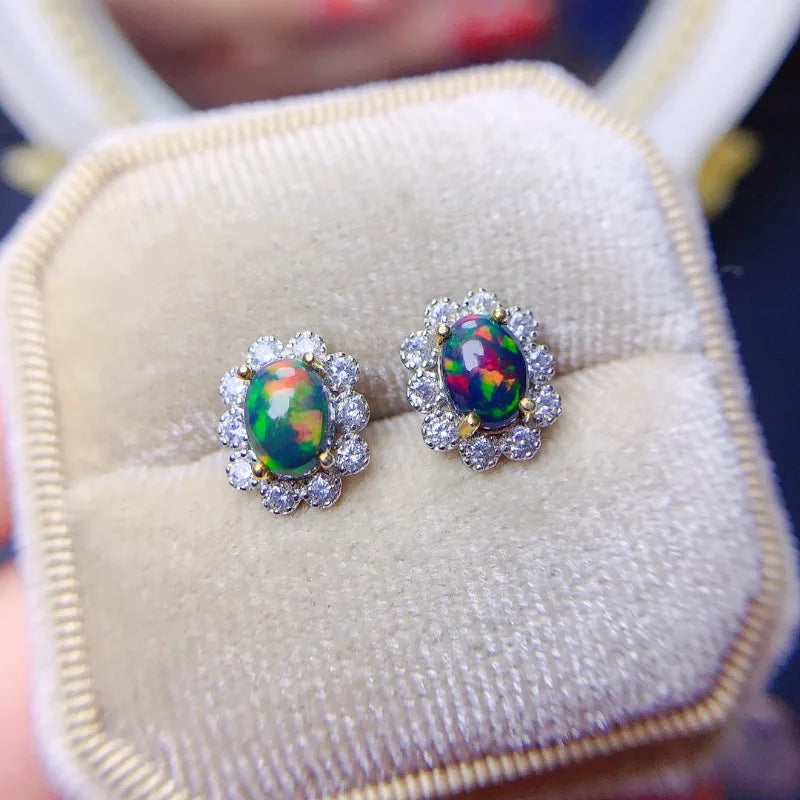 Natural Black Opal Earrings S925 Pure Silver with Certificate Fine Fashion Weddings Charm Jewelry for Women
