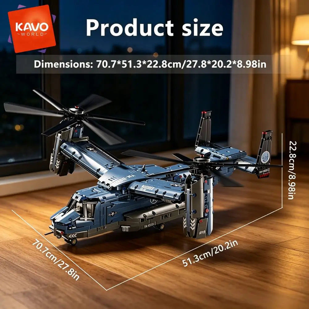 KAVOWORLD 1486PCS V-22 Osprey Tiltrotor Aircraft Building Blocks Set Simulation Military Helicopter Model Kit Collectible Airplane Bricks Construction Set, 360° Rotating Propellers Sliding Cockpit Movable Landing Gear Military Fans Christmas Birthday Gift