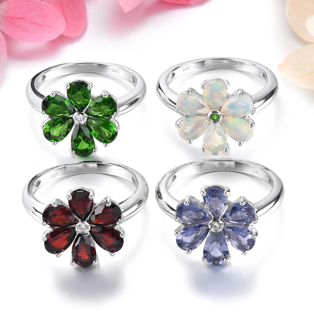 Natural Red Garnet Solid Sterling Silver Rings 2.8 Carats Genuine Gemstone Romantic Flower Design S925 Fine Jewelrys Gifts