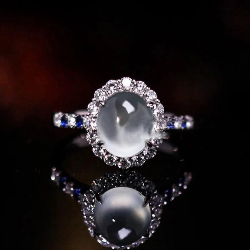 S925 Sterling Silver Natural Moonstone Ring Oval Egg Surface Diamond Ring Holder Party Gifts Fine Jewelry for Women