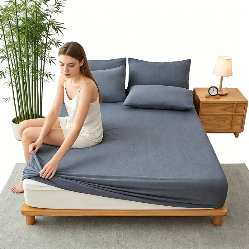 Summer Bamboo Fiber Cooling Fitted Sheet Soft Breathable Mattress Cover 360° Elastic Anti-slip Bed Protector Queen King Size