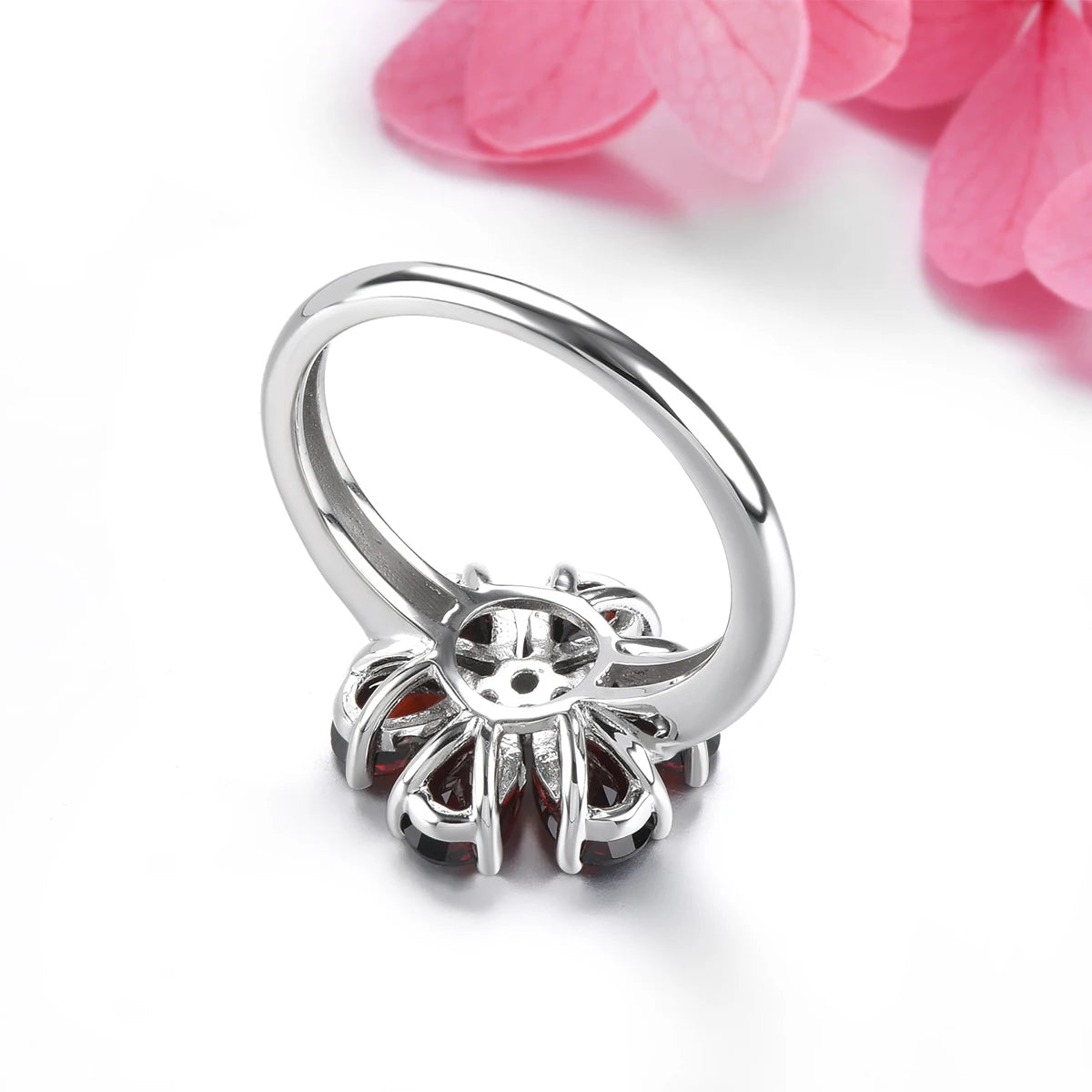 Natural Red Garnet Solid Sterling Silver Rings 2.8 Carats Genuine Gemstone Romantic Flower Design S925 Fine Jewelrys Gifts