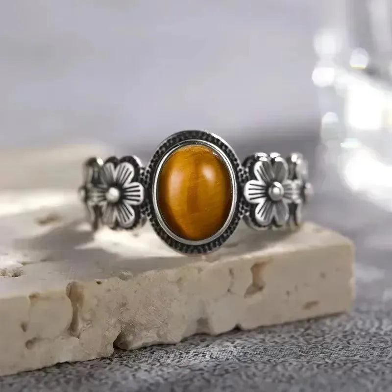 Vintage S925 Sterling Silver Rose Flower Ring With Oval 8*10mm Natural Moonstone Sweet Ring Fine Jewelry For Woman