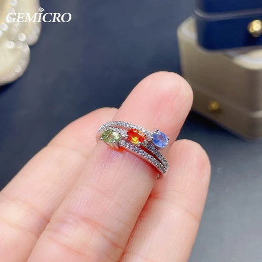Gemicro Natural Colorful Sapphire Rings with Stones of 3X4mm and S925 Sterling Silver for Women Gifts and Birthstone Gem Jewelry