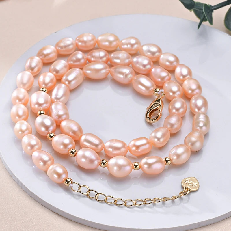 Natural Freshwater Pearls Rice Shape Multicolored Necklace Golden Beads S925 Sterling Silver Chain Fine Jewelry Gifts for Women