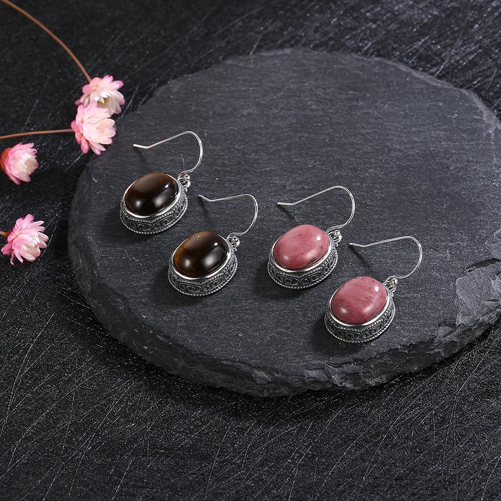 Women's Jewelry S925 Silver Earrings 10*12mm Oval Natural Tiger Eye Drop Earrings Fine Jewelry Engagement Birthday Gift