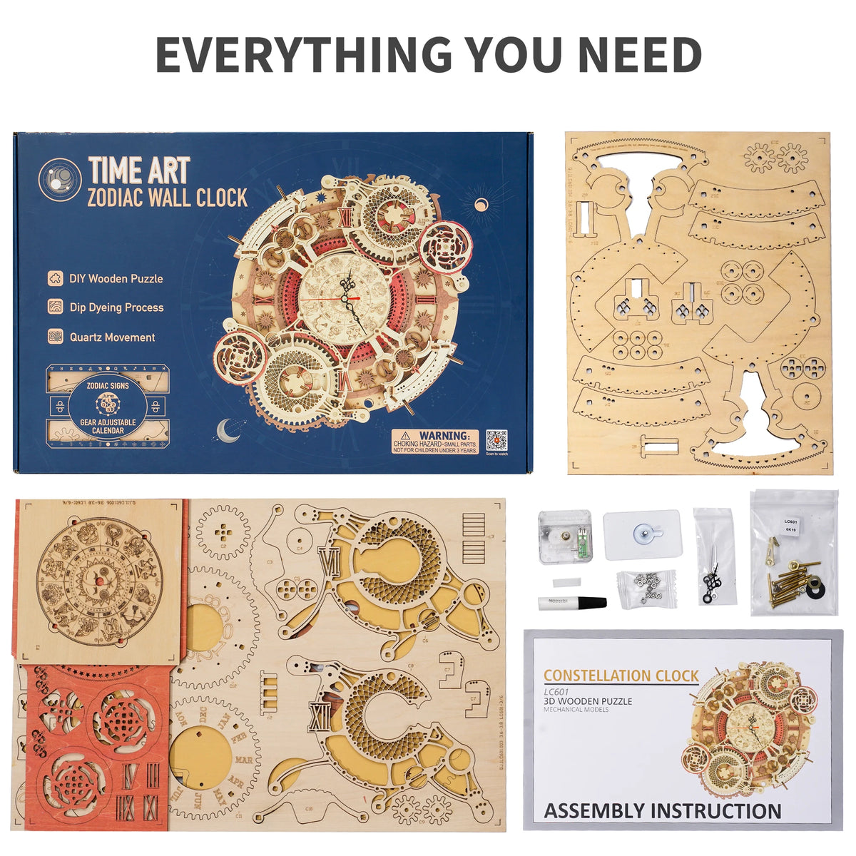 ROKR Wooden 3D Puzzle Zodiac Wall Clock Mechanical Model Building Kit for Wall Decor Clock Jigsaw DIY Craft Kit Birthday Gift for Adults Teens