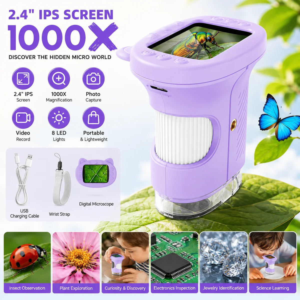 1000X Kids Digital Microscope 2.4" IPS Screen Portable Handheld Microscope Photo&Video 8LED STEM Science Toy Gift for Boys Girls