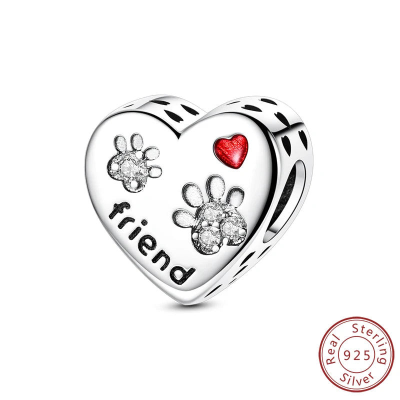 925 Sterling Silver Heart Shape Charm Beads Mother Daughter Family Pet Paw Beads Fit Bracelets Mother's Day Jewelry Gift