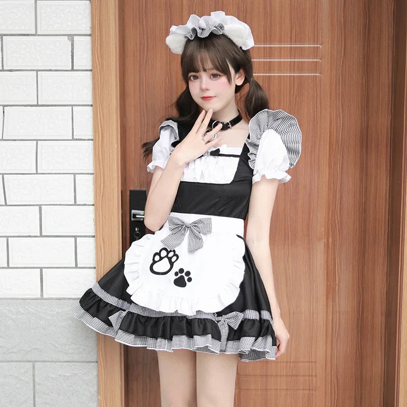 Halloween  Black Pink Cute Lolita Sexy   Maid Outfit Apron Dress Bell Choker Anime Cosplay Costume Women Coffee Waitress Uniform
