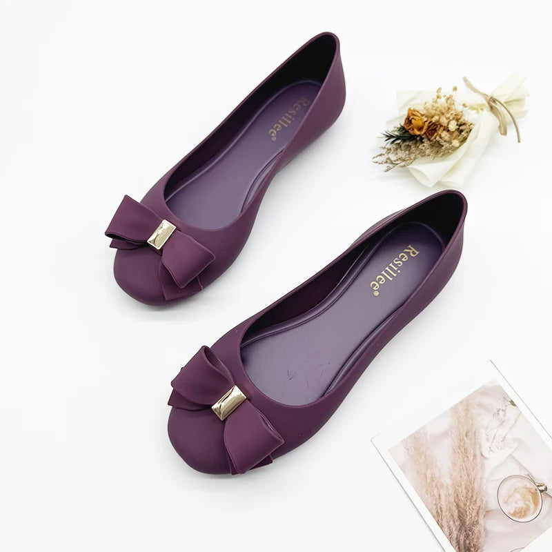 Resillee Women's Bow Knot Jelly Shoes Closed Toe Flat Sandals, Waterproof Rubber Slip On Casual Summer Beach Shoes, Wide Feet Pl