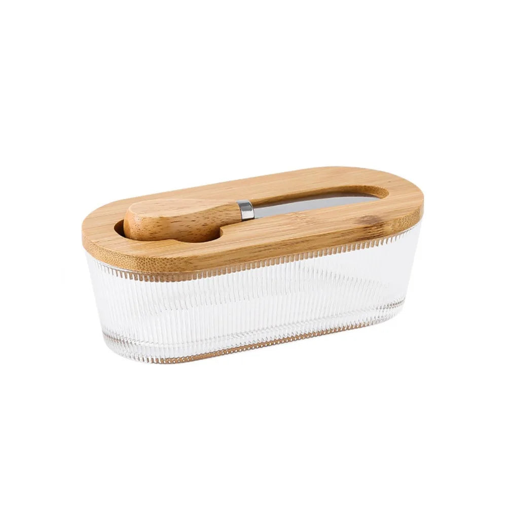 Durable Oval Shape Glass Butter Box Visible Fresh-keeping Butter Dish With Lid and Spatula Transparent Butter Container Baking