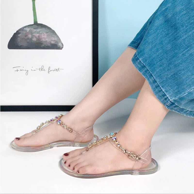 Size 36-42 Women Girls Jelly T- Tied Sandals INS Hot Sales Diamond Transparent PVC Summer Berach Flip-flop Shoes S1055