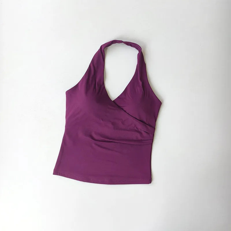 Sexy V-neck Cross Halter Neck with Chest Pad Yoga Vest Sleeveless Naked Sense Sports Fitness Bras Top Outer Wear Beautiful Back