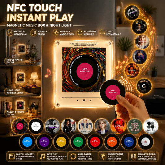 NFC Touch Magnetic Music Box Night Light Auto Rotate Vinyl Record Player Type-C Rechargeable Ambient Light Fridge Magnet Decor