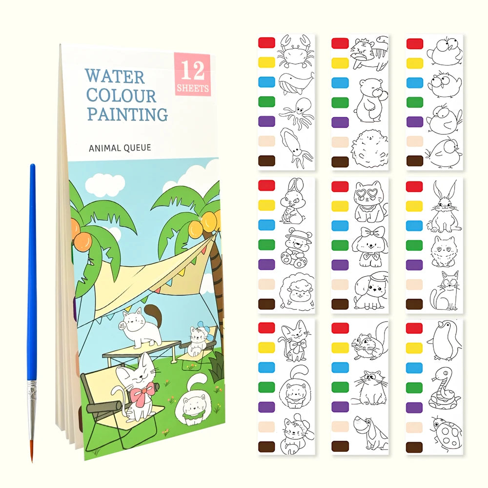 Montessori Kids Watercolor Coloring Book with Built-in Paint Board And Brushes Educational Creative Art Gift for Children