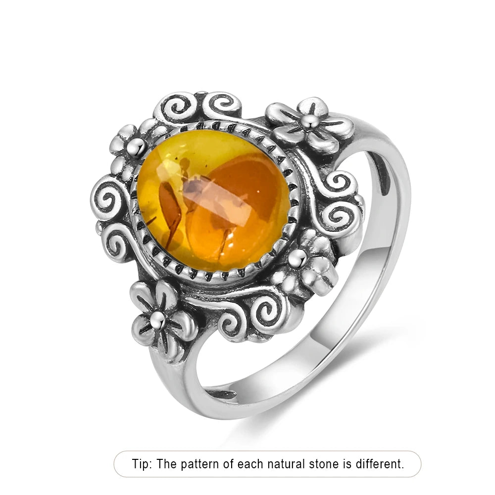 S925 Sterling Silver Ring With Natural Amber Stone Flower Shape Oval Petal Amber Stone Gifts Fine Jewelry For Women