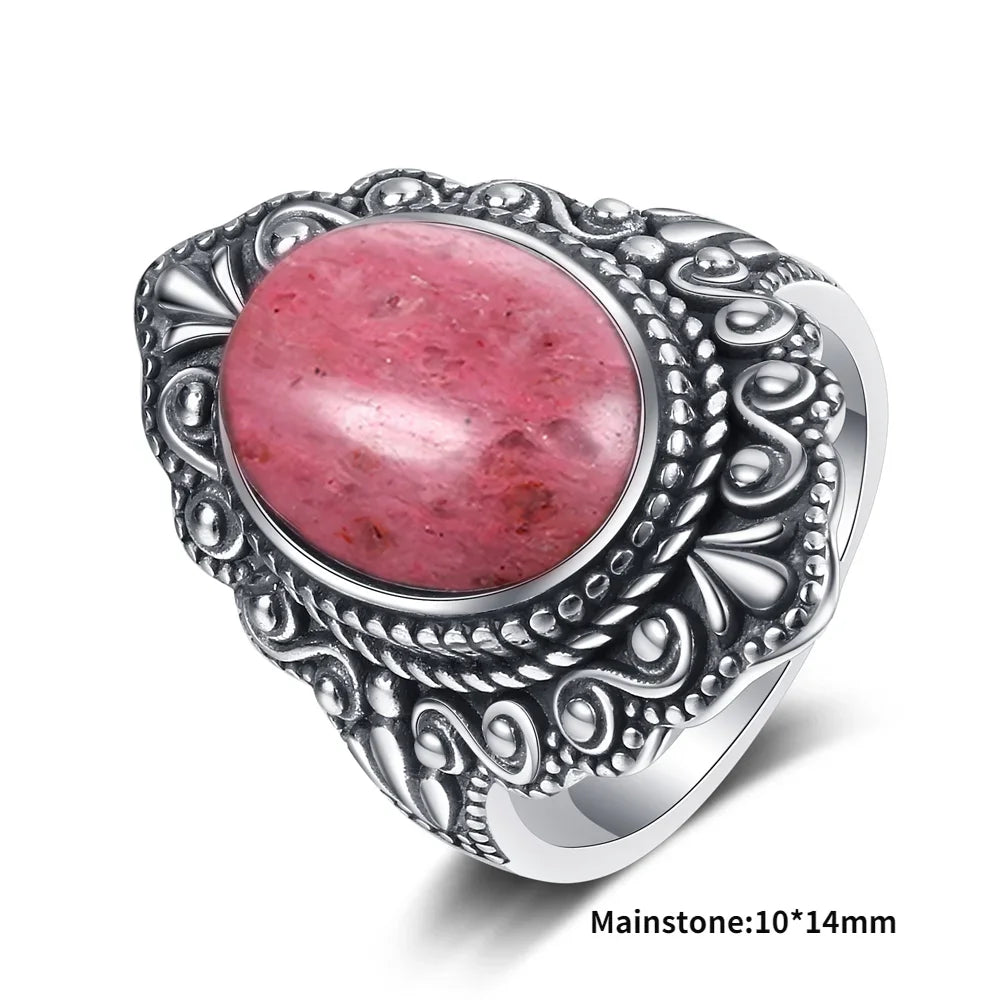 Natural Rhodochrosite Rings Women's S925 Silver Jewelry Ring Gifts Vintage Fine Wedding Ring