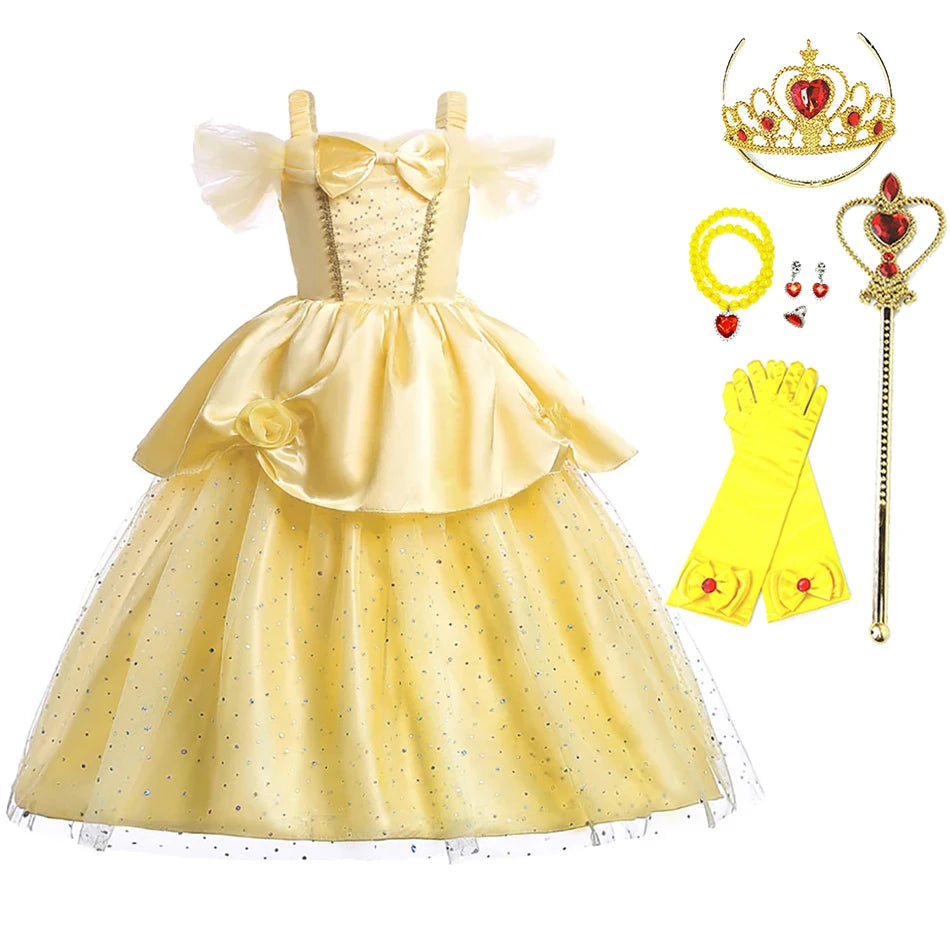 Girl Belle Dress Up Sleeveless Floral Children Party Princess Costume Kids Beauty and The Beast Halloween Carnival Outfit Clothe