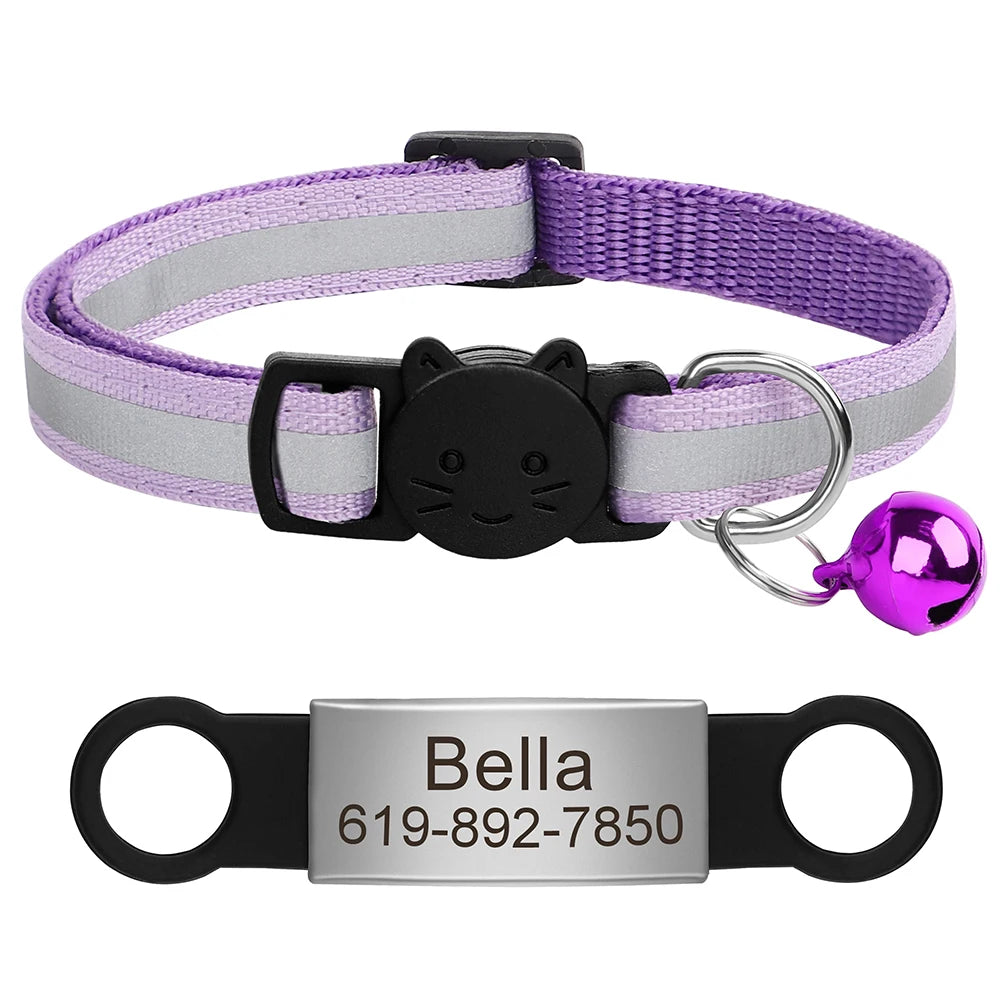 Customized Cat Collar Reflective Cat Collar Free Engraved Puppy Kitten Pet ID Nameplate Necklace With Bell Anti-lost For Cats