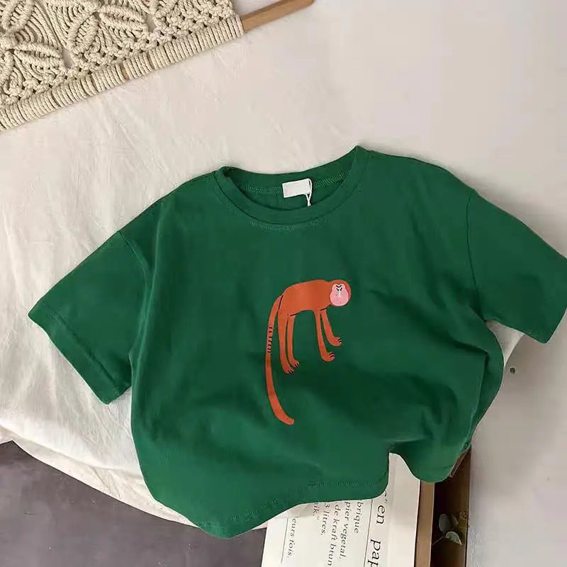‌Korean Style Summer Kids T-Shirt Cute Cartoon Print Loose Fit Drop Shoulder Mid-Sleeve Top for Baby Boys Girls Toddler Clothes