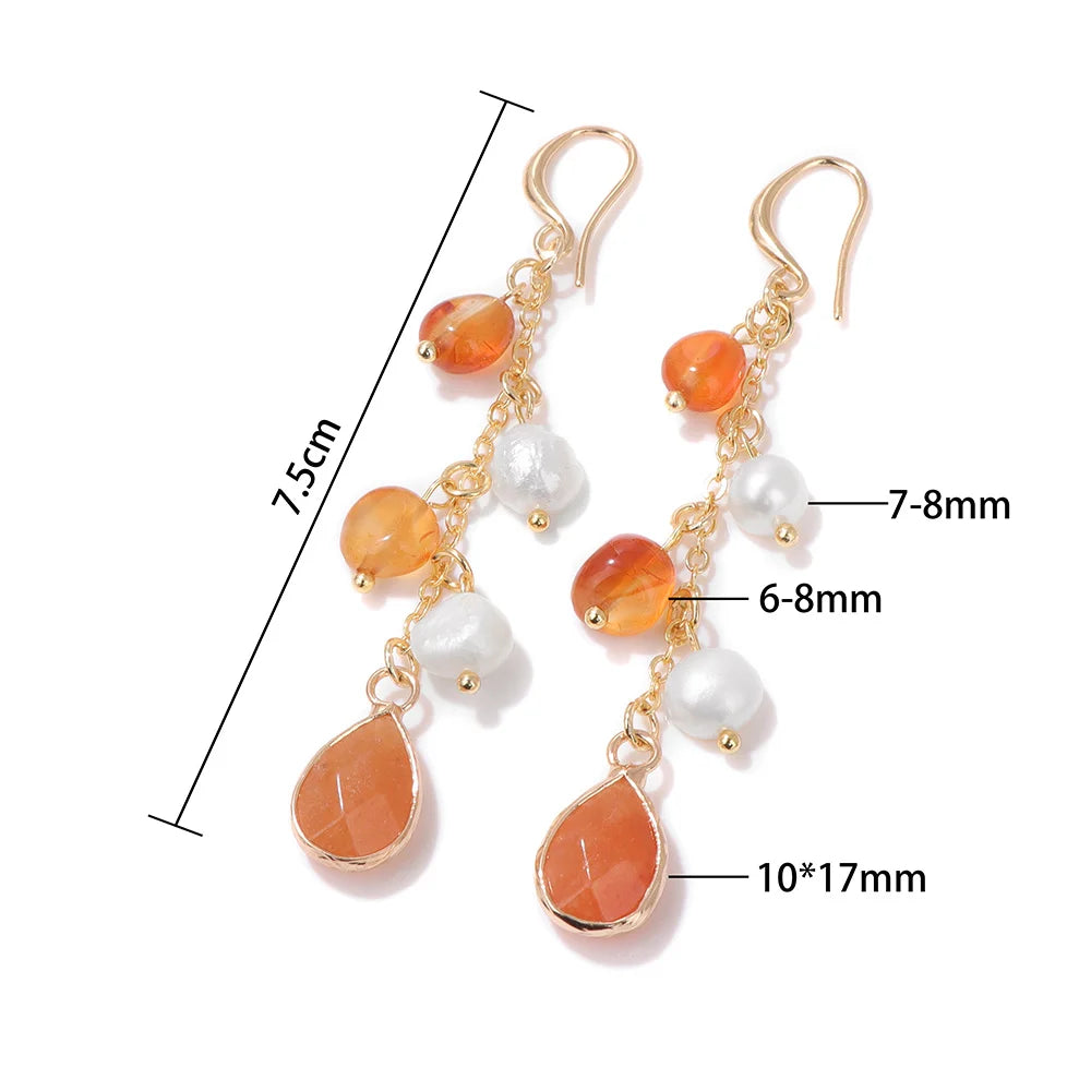 Natural Stone Long Earring Water Drop Pendent Amethysts Agates Lapis Lazuli Pearl Dangle Earrings for Women Girl Fashion Jewelry