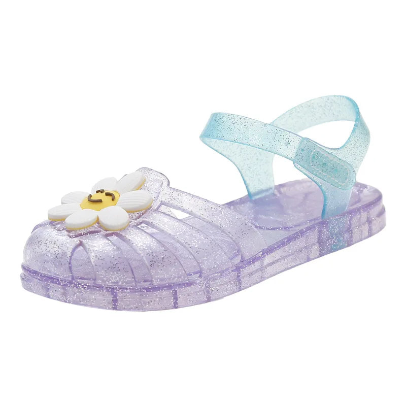 Children's Glitter Crystal Sandals Girls Flower Smiley Face Jelly Beach Sandals Toddler Garden Shoes Kids Non-slip Casual Shoes