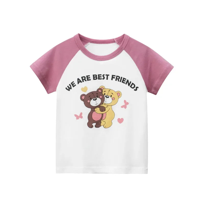 2-8T Heart Print Girls T Shirt Summer Toddler Kid Baby Clothes Short Sleeve Cotton Tshirt Childrens Cute Tee Top Infant Outfit