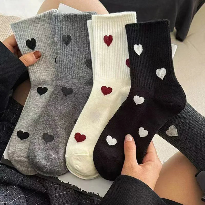 5 Pairs Women's Cute Heart Shaped Mid Tube Socks Spring and Autumn New Ins Trendy Trendy Versatile High Beauty Duty Series Socks
