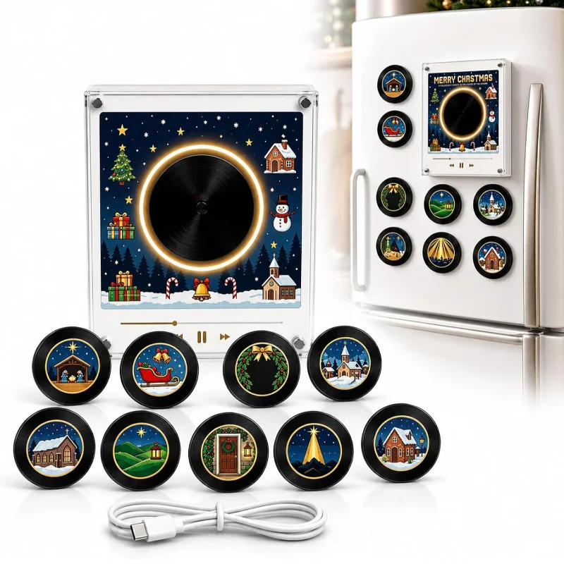 Christmas Magnetic Vinyl Player Fridge Magnet 9 NFC Discs Mini Music Box LED Glow USB-C Rechargeable Christmas Decor Gifting