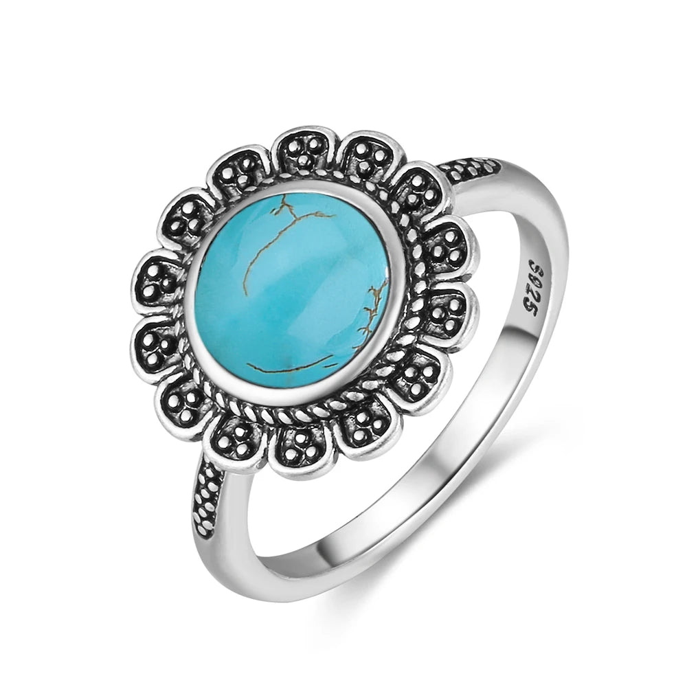S925 Sterling Silver Ring Vintage Ring Gemstone Ring Silver Fine Jewelry Natural Turquoise Rings