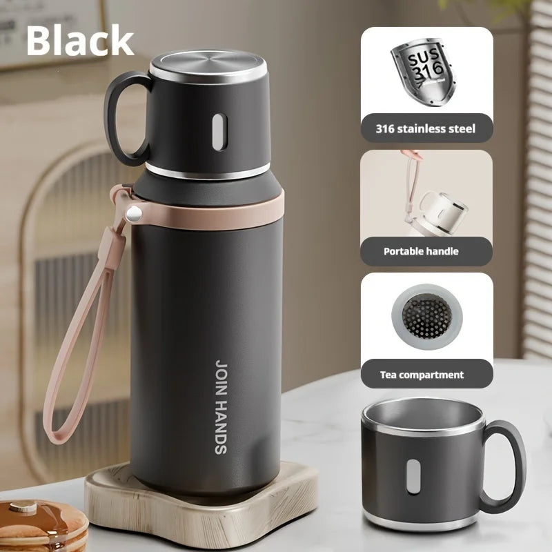 316 Stainless Steel Insulated Water Bottle with Cup Portable Vacuum Flask for Outdoor Activities Handheld Tumbler Keep 24Hr Cold