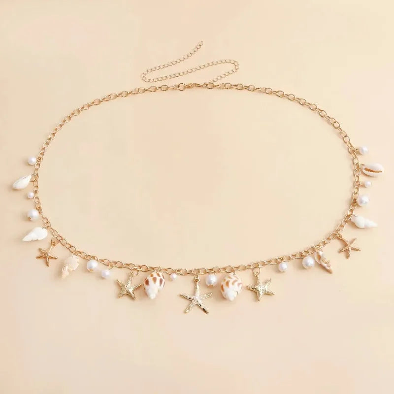 Fashion Natural Shell Conch Sea Star Imitation Pearl Tassel Pendant Waist Chain for Women Sexy Boho Summer Chain Belt Necklace
