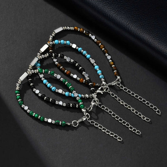 Crystal Wheel Beaded Bracelet for Men Boys,Stainless Steel Tube Natural Stone Wristband,Stylish Bohemian Jewelry Gift