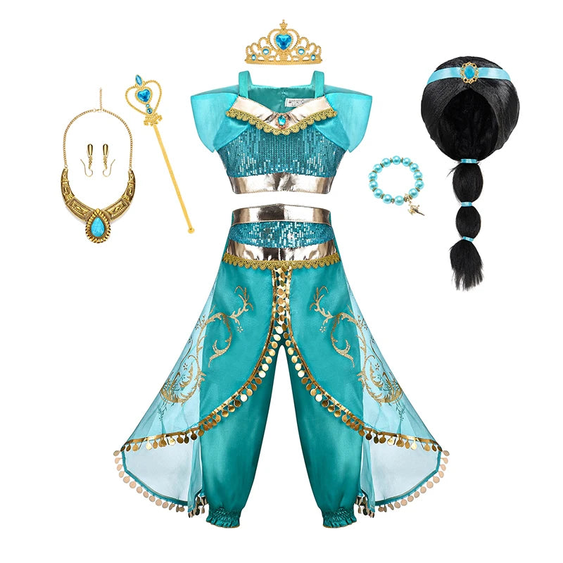 Jasmine Princess Dress for Girls Cosplay Aladdin Magic Lamp Costume Kids Halloween Birthday Carnival Party Vestidos 2-10T Outfit