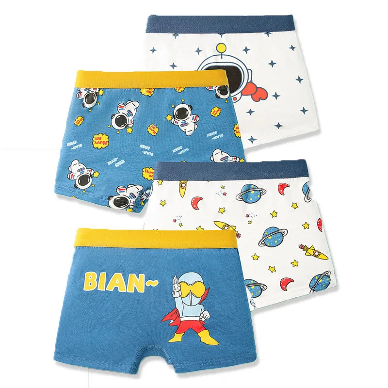 4-Pack Boy Boxer Brief High Quality Cotton Breathable Children Boxers Dinosaur Plaid Car Patterns Kids Underwear Age 3-14Years