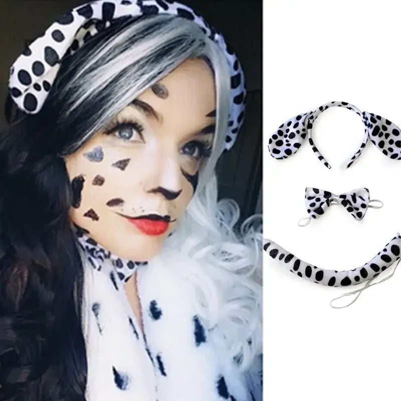 Adult Plush Cartoon Boy Dalmatian Animal Dog Headband Ear Bow Tail Gift Birthday Party Cosplay Costume Halloween Christmas